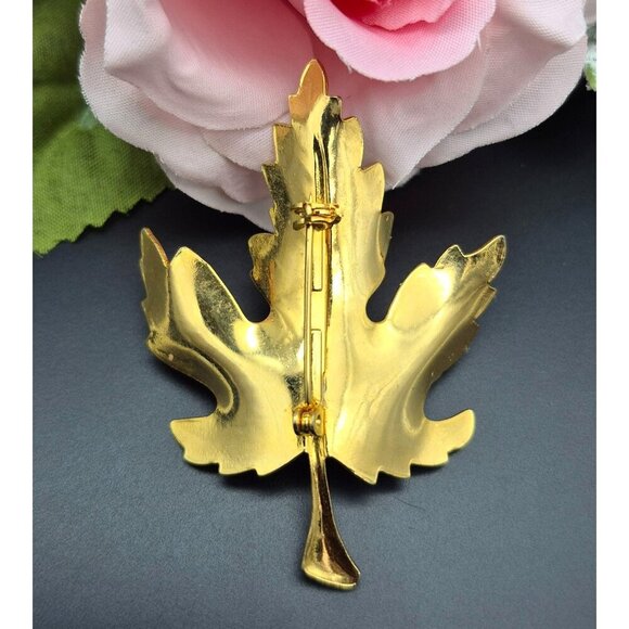 Gold Tone & Brown Textured Fall Maple Leaf Brooch Pin MINT 2" - Picture 3 of 5